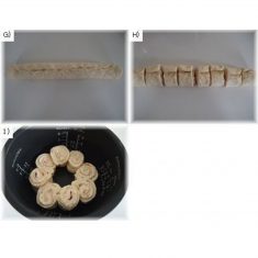 （B）を合わせて１に3回に分けて加え、そのつど良くもむ。
一塊になって、表面が滑らかになったら