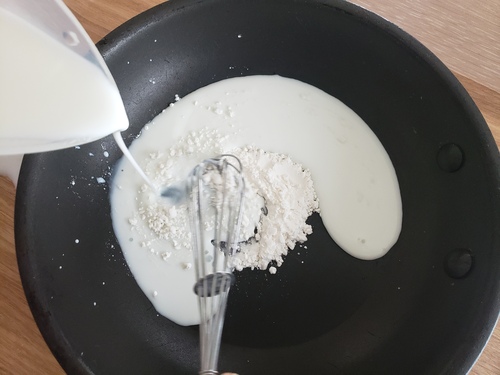 フライパンに薄力粉をいれ、牛乳を少しづつ加えながら溶く。