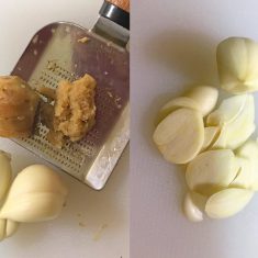 にんにく(4片)としょうがをすりおろし、残りのにんにく(3片)をスライスする。