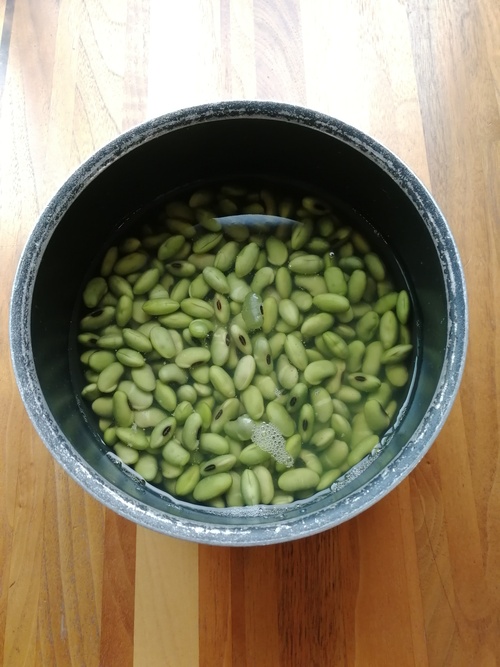 乾燥青大豆は水洗いし、分量の水に浸けて常温に１晩（8時間くらい）おく。丸かった豆が楕円形になる。