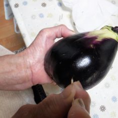 ナスを水洗いし、キッチンペーパーで水滴を除去し、つまようじを全体にさして穴をあける。 （破裂を防ぐため）
