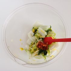 にんにく、しょうがはすりおろし、コチュジャン、砂糖、あみえびと一緒に混ぜておく。