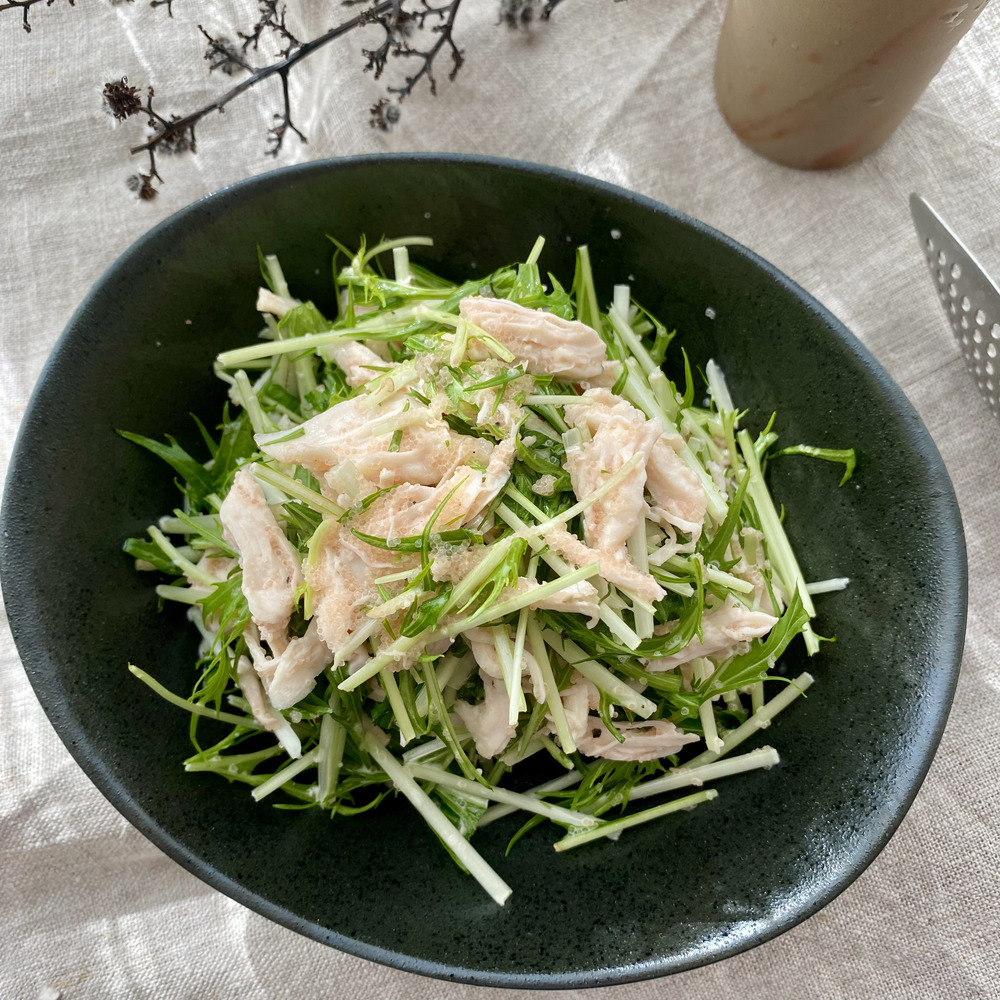 レンチンささみと水菜の明太子サラダ