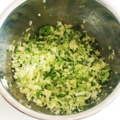 ～たねを作る〜
白菜をみじん切りにし、塩でもんで水気が出るまでしばらく置く。にんにく、しょうが、ネギもみじん切りにする。