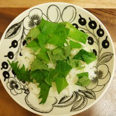 青じそをごはんに散らす。